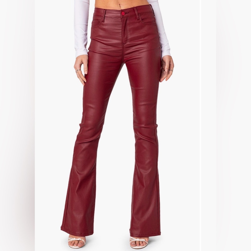 Edikted Burgundy Flare Leather Pants